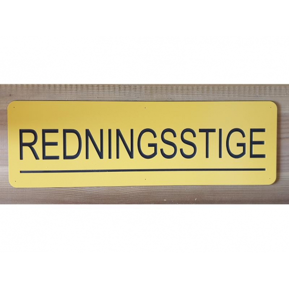 Skilt 295x95 mm, 1,6mm tykk, Gul og Sort - med tekst REDNINGSSTIGE